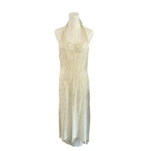 Vintage Papillon Ivory Halter Lace Dress Fringe Hem Cotton M